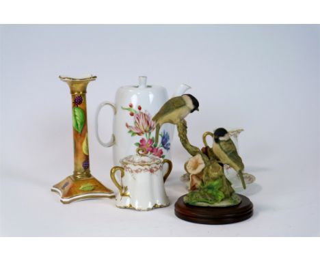 A pair of Coalport fruit painted candlesticks (one a.f), a Royal Worcester 'Pershore' coffee pot and cover, a Border Fine Art