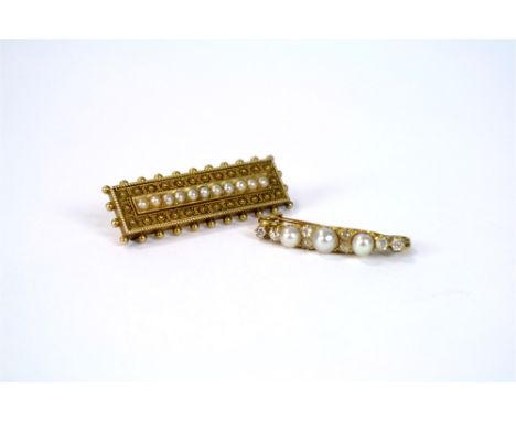 A graduated pearl and old cut diamond brooch, 32mm long, together with a Victorian half seed pearl set panel brooch, 40mm lon