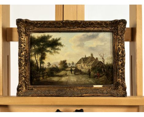 English School (19th Century), Horse and Cart by a farm building, oil on panel, 19 x 29cm