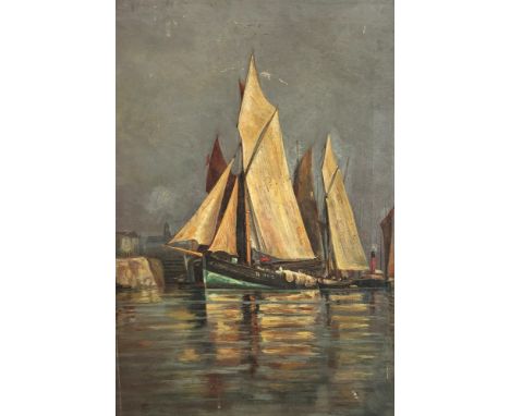 British school, late 19th century, Fishing boats moored in a harbour, oil on canvas, 46 x 31cm, together with an oil on panel