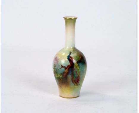 A small Royal Worcester vase painted with peacocks dated 1912, of ovoid baluster form with a tall slender neck, artist signed