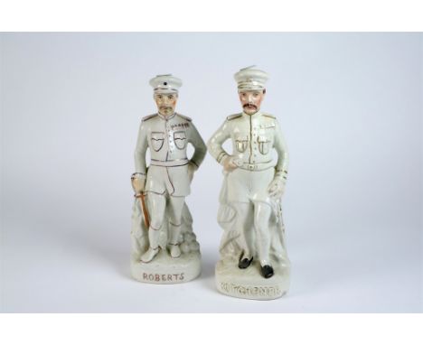 A pair of Staffordshire portrait figures of Lord Kitchener and General Roberts, titled to the bases, 34.5cm high (at fault) (