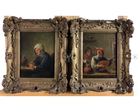 M. Thornton after David Teniers, a pair of oils depicting a lute player and a woman at a table, oil on canvas, each 19.5 x 14