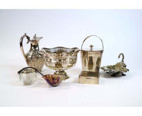 A collection of silver plated wares, to include; candlesticks, entree dishes, a teapot etc, together with a silver mounted ma
