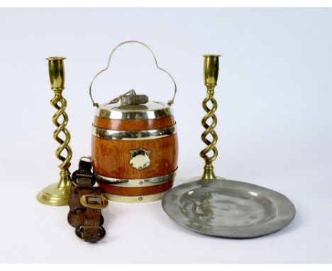 A small miscellaneous collection to include; a Edwardian coopered oak biscuit barrel with plated mounted and ceramic liner, a