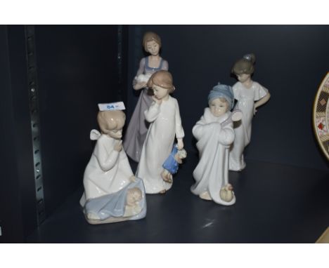 Five Lladro and Nao by Lladro porcelain figurines comprising 'How Pretty' number 1110, 'Angel with Baby' number 4635, 'Precio