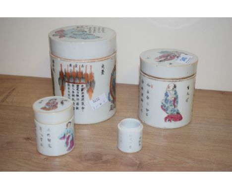 A group of 19th century famille rose porcelain lidded storage pots, beautifully hand coloured with Chinese calligraphy and fi