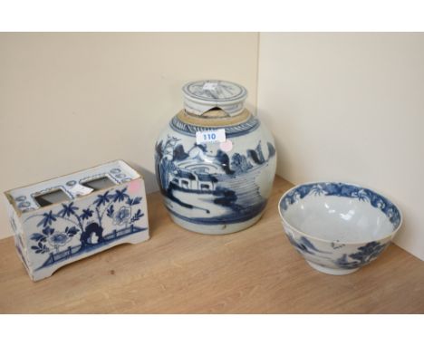 A Chinese blue and white bowl, decorated showcasing a tradition landscape scene, w14cm, sold together with a planter and ging
