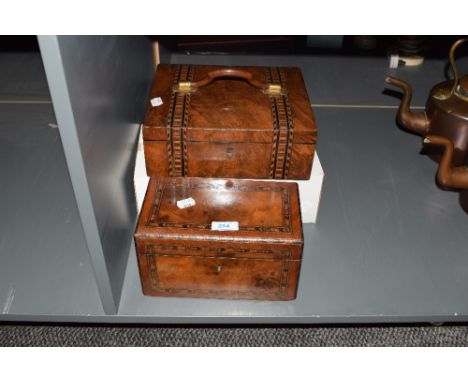 A 19th century burr wood jewellery box, having geometric inlay pattern and carry handing, w25, sold together with a tea caddy