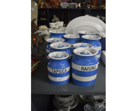 A group of TG Green &amp; Co Cornish kitchen ware blue and white lidded jars, to include peas jar, rice jar, salt jar, raisin