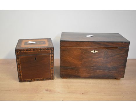 A 19th century rosewood tea caddy fitted with two lidded compartments and mother of pearl inlay, w22cm, sold together with a 