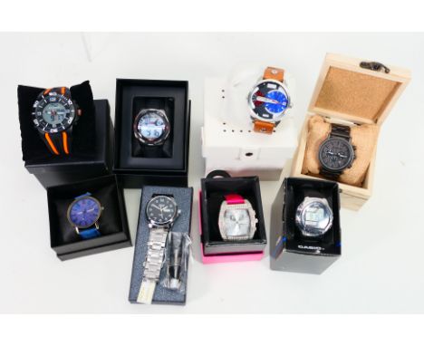 A collection of various boxed fashion watches to include Casio, Diesel, Lorus and similar. [W]