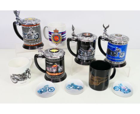 Harley Davidson - A lot to include; 4 Harley-Davidson Collectors Tankards, 2 Harley-Davidson mugs, 3 Harley-Davidson paperwei