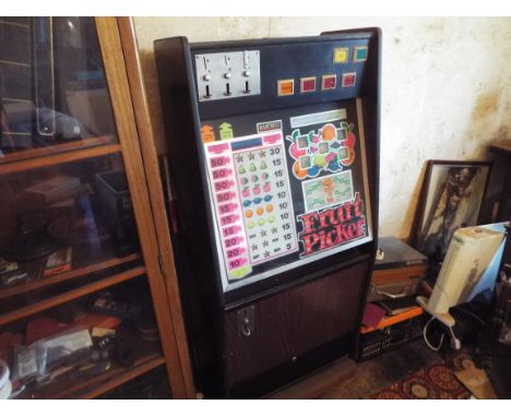 Barcrest slot machine - a vintage Barcrest Fruit Picker floor standing slot machine taking old style 10 pence coins; machine 