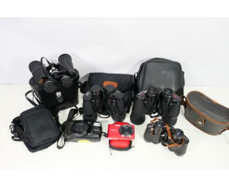 A collection of binoculars and cameras to include; a Samsung PL201 digital camera in a case, and a Regent Gold Star pair of b