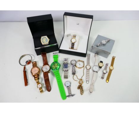 A good collection of watches to include three boxed example: American Exchange, Alfred Dunhill (with extra links) and Spirit.