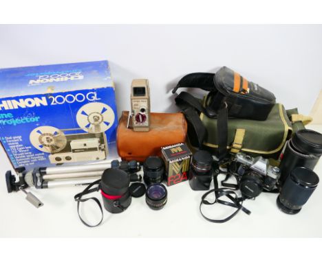Photography - Lot to include a Yashica camera, additional lenses, tripod, boxed Chinon 2000GL projector and other. [W]