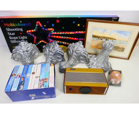 A mixed lot to include a vintage Roberts radio, four cast metal ball and claw bath feet, framed print and other. [2]. [W]