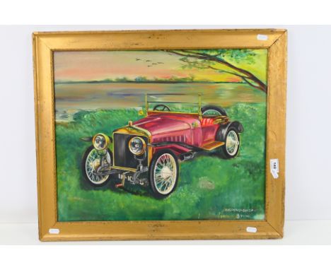 A vintage oil on board depicting a Hispano Suiza automobile beside a lake, signed and titled by the artist $mith, framed, app