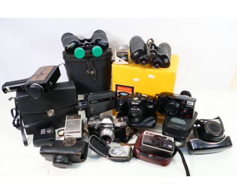 A collection to include vintage cameras, binoculars and kodak movie projector. Includes; Carl Zeiss Jena Binoculars, a Prakti