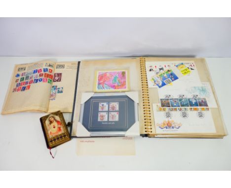 A collection of first day covers housed in a binder, a Gay Venture stamp album and a Croatian religious text with pictorial c