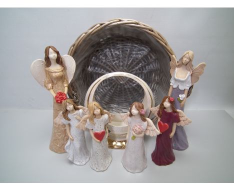 Posy Angels - A lot to include; 5 Posy Angel ceramic figurines, wicker basket and a ceramic plant pot. The Angel figurines ha