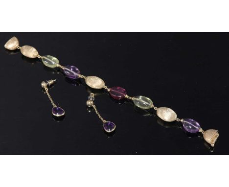 An 18ct gold gemstone bead bracelet by Marco Bicego,with polished amethyst, citrine and tourmaline beads, between oval sgraff