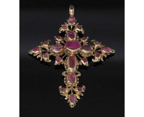 An Iberian gold and ruby set cross, c.1700,with a series of graduated flat cut foil-backed rubies, rub set to the arms with f