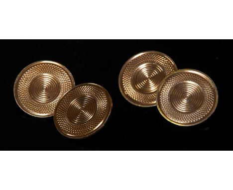 A pair of circular gold chain-link cufflinks,with pairs of flat section heads, with engine turned decoration. Unidentified ma