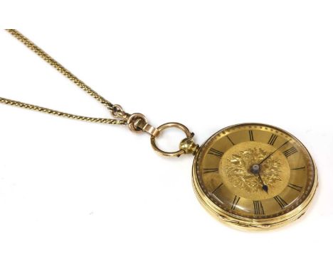 An 18ct gold key wound open-faced pocket watch,40mm diameter, with a gold engine turned and hand engraved dial, black Roman n