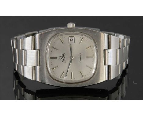 A gentlemen's stainless steel Omega 'Genève' automatic bracelet watch, c.1974,ref. 166.0191. A tonneau-shaped case, 43 x 36mm