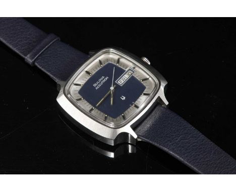 A gentlemen's stainless steel Bulova 'Accutron' electronic strap watch, c.1970, ref. 5-97790. A cushion-shaped case, with re-