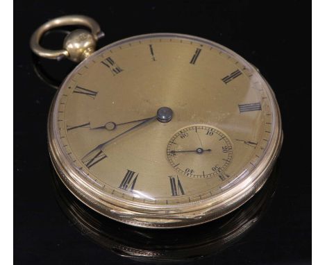 An 18ct gold key wound quarter repeater open-faced pocket watch,45mm diameter. A gold engine turned dial with black Roman num