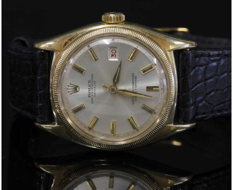 A gentlemen's 18ct gold Rolex 'Oyster Perpetual Datejust Overtone' strap watch, c.1961,ref. 6075. 35mm diameter with a silver