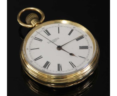 An 18ct gold top wind open-faced pocket watch,53mm diameter, with a white enamel dial, black Roman numerals, gold spade hands