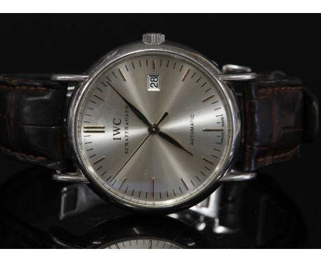 A gentlemen's stainless steel IWC Schaffhausen 'Portofino' automatic strap watch,39mm diameter. A silvered dial with rolled g