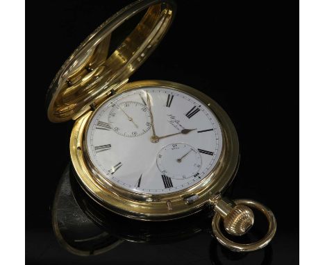 A cased 18ct gold top wind hunter pocket watch, by J W Benson, London, 1890. The case 650mm diameter, with a champlevé and gu