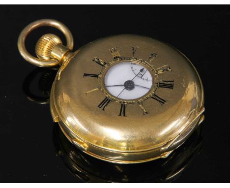 A Swiss 18ct gold quarter repeater side wind half hunter pocket watch,50mm diameter. Black Roman numeral chapter ring to the 