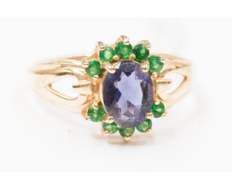 Tsavorite and iolite ring, 9ct gold ring (garnet) 