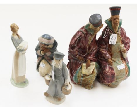 Four Lladro figures including matte glaze crouching woman, Scholars, etc. (4)