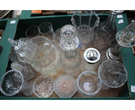 Two boxes of glassware including decanters, vases, jugs and display shelf of ornamental eggs, lacquer etc (Two boxes)