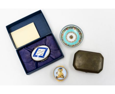 A 19th Century brass tobacco or snuff box by W Howe, engraved and dated 1847, together with Halcyon Days enamelled pill box e