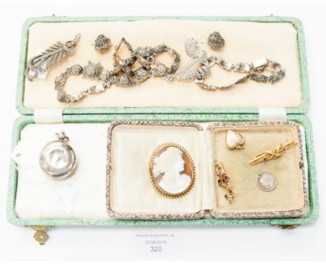 A 15ct gold and sapphire bar brooch; an amethyst and pearl brooch, heart locket, two cameo brooches, quantity of marcasite se