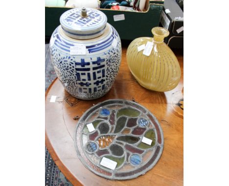 Late Nineteenth Century Oriental ginger jar - drilled as a lamp base, modern art glass bottle, and a  circular leaded stained