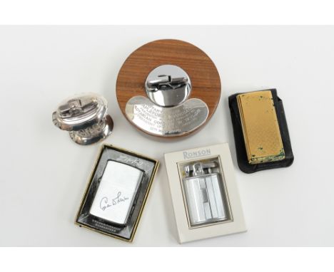 Cigarette/table lighter - Ronson 'Newport' silver plated Ronson chrome in teak, base with silver Rotary plaque, boxed zippo, 