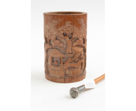 A Chinese bamboo brush pot, 19th Century, together with a silver mounted swagger stick (2)