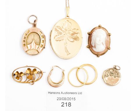 A 9ct gold surround Italian shell cameo brooch, a rolled gold (photograph) pendant and chain, a yellow metal and seed pearl o