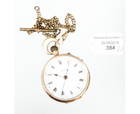 A 9ct gold (Rose) cased pocket watch, maker G S retailed by John Russell, London and a rolled gold watch chain and a 22ct gol