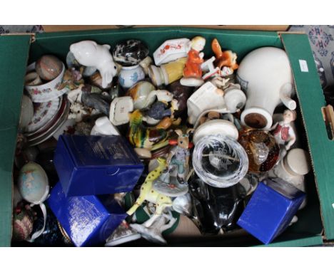 Three boxes of assorted ceramics, including trinket items, ornaments, trinket dishes, a collection of thimbles, and a collect