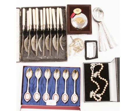 A costume jewellery necklace and earrings, four Sheffield spoons, brass buckle and bottle opener, Ronson gas lighter, boxed f
